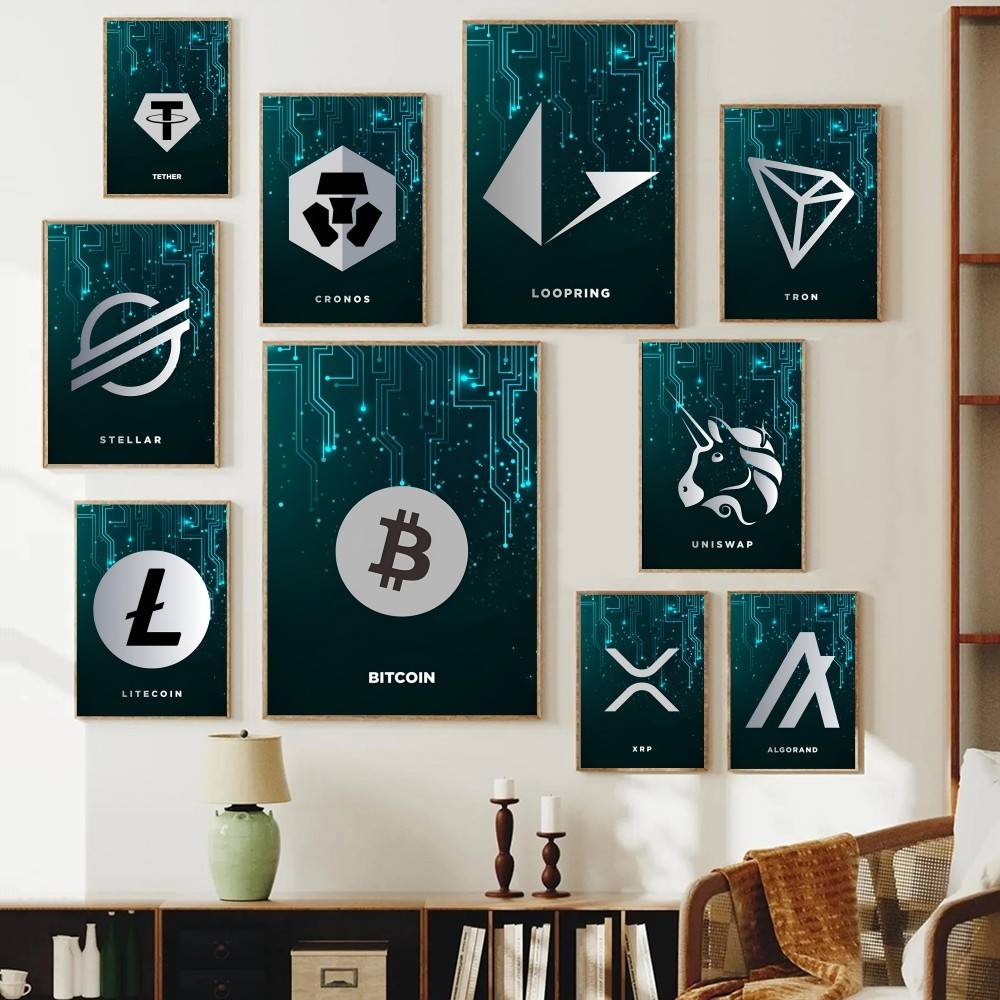 Tech Office Wall Decor - テックサーキット暗号通貨シンボルポスターデジタルコインロゴ幾何学模様プリント額なし紙製ウォールアートオフィス、トレーダー、研究、モダンな装飾に最適