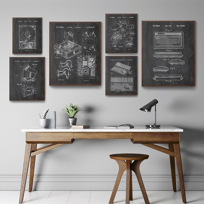 Tech Office Wall Decor - 6ピースヴィンテージコンピュータ特許図面ウォールアートセット、オフィスやゲーマールームの装飾用テックブループリントプリント