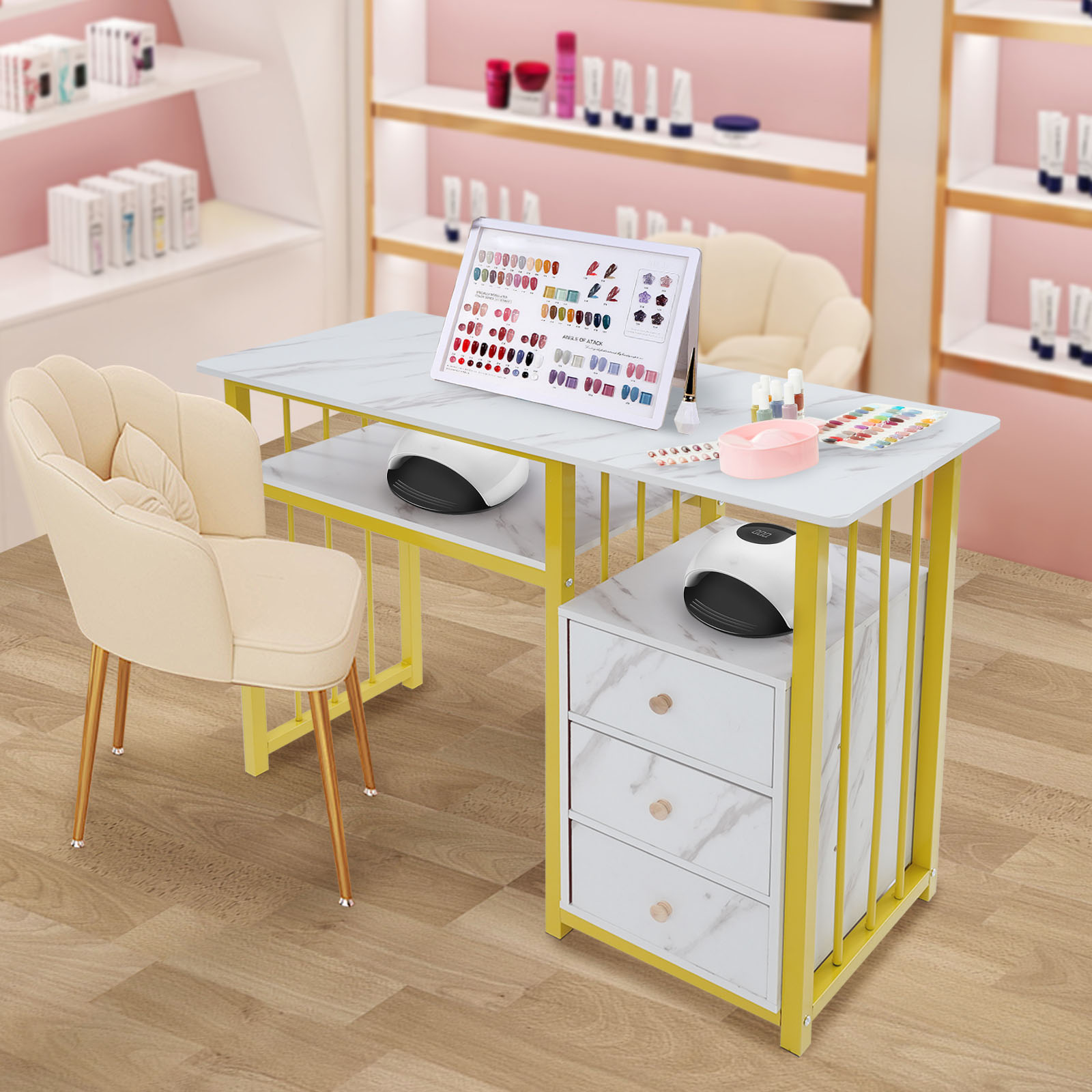 Office Tech Furniture - 39.37×15.75×29.92インチのゴールドネイルテックテーブル、3つの引き出し付き、最大耐荷重66.14ポンド、リビングルーム、オフィス、ネイルサロン、ビューティースパ用オーバーベッドテーブル