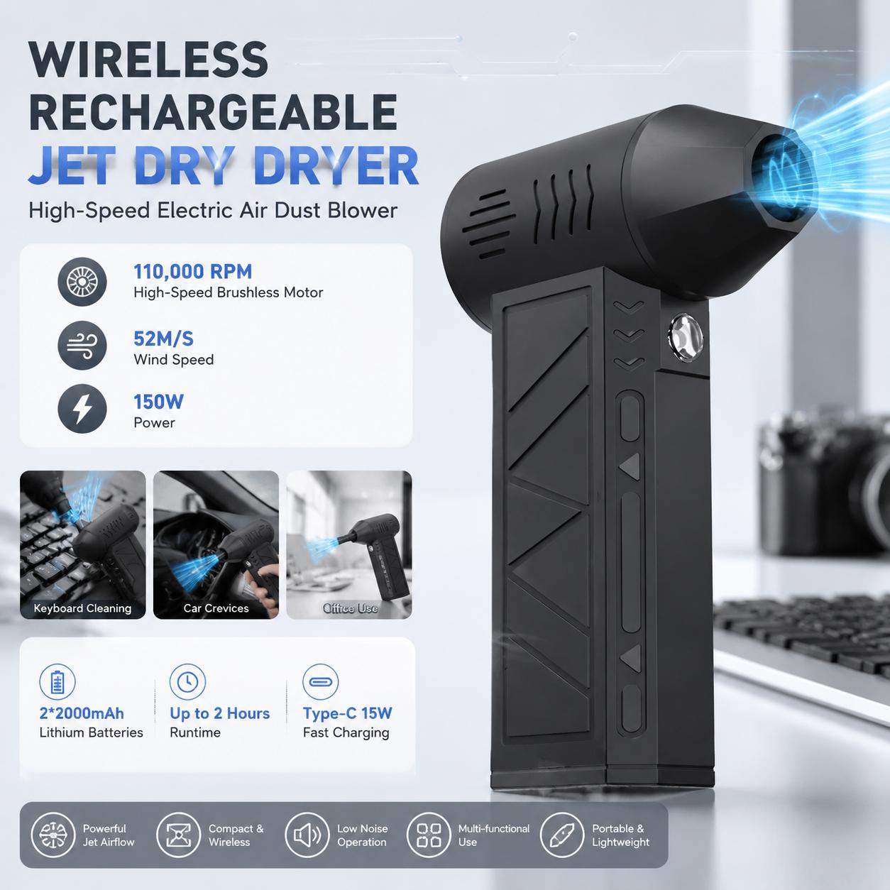 Office Productivity Tech - 110000 RPM電動エアブロワー 3段階速度調整 コードレスエアダスター ポータブルUSB C充電式