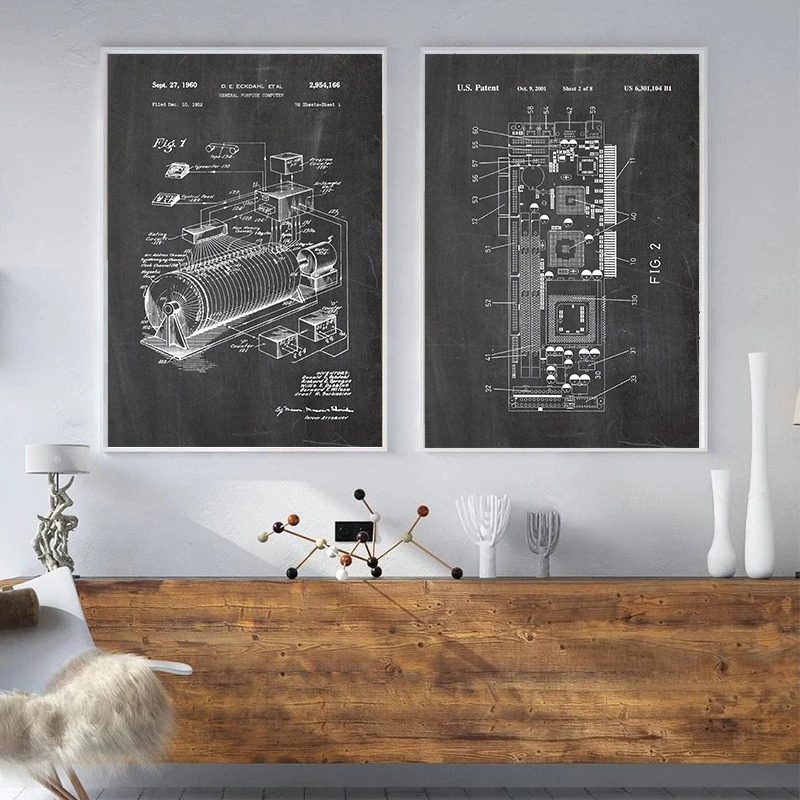 6ピースヴィンテージコンピュータ特許図面ウォールアートセット - Tech Office Wall Decor のレビューと価格