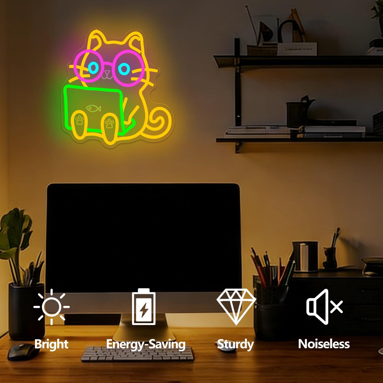 猫型ネオンサインUSB調光LEDライト、インターネットカフェ - Tech Office Wall Decor のレビューと価格